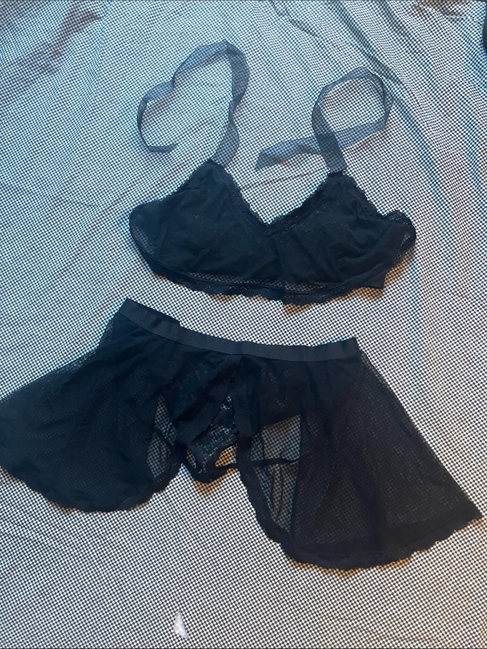 4/$20 SET Black Sheer Lace Bralette & Skirted Panty Set - Women Intimates